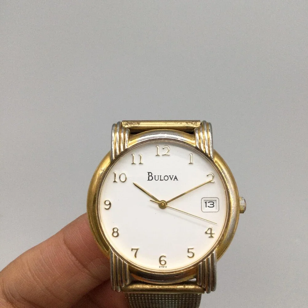 Bulova Mens Watch 33mm White Dial Gold Tone Art Deco Style Date New Battery